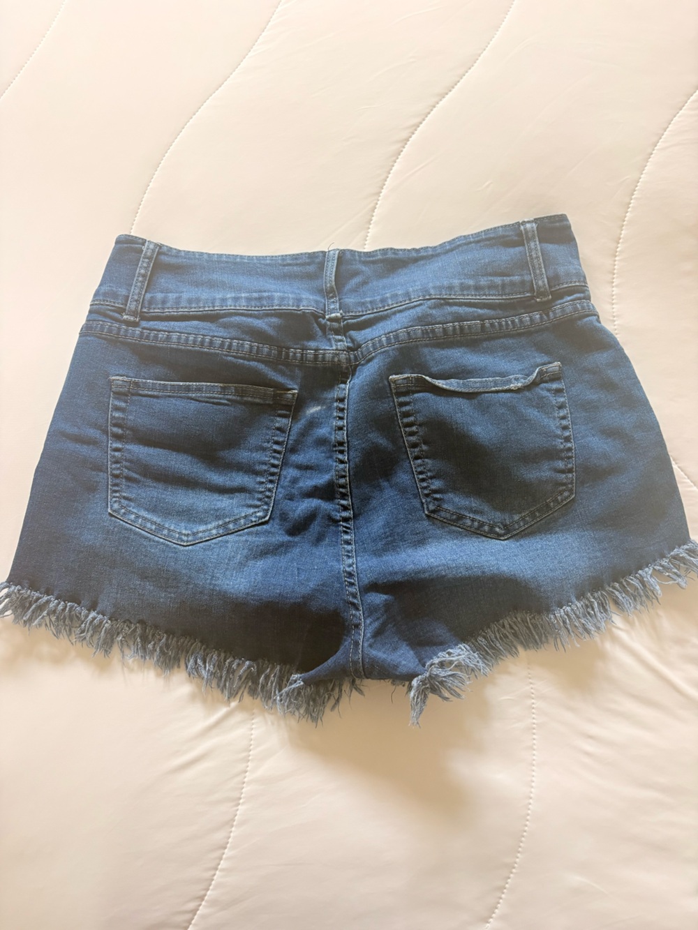Blue Distressed Fringe Hem Women's Denim Shorts - Picture 3 of 4
